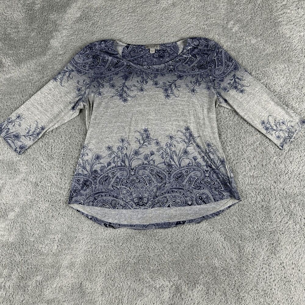 Energe Women's Long Sleeve Floral Paisley Shirt XXL Grey Navy Scoop Neck 90s Y2K